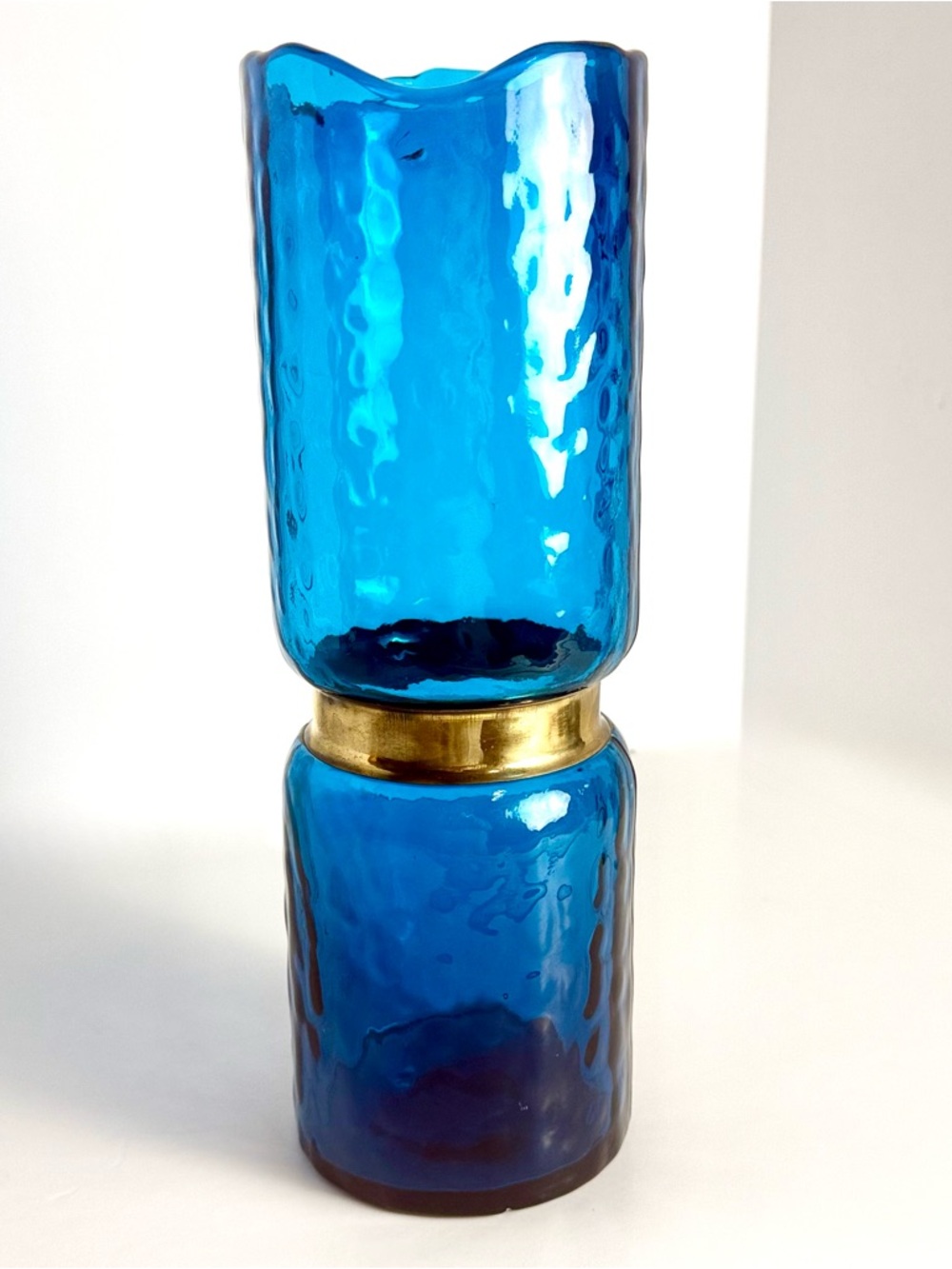Vintage Mis Century Modern Glass Vase Blue Turquoise cinched brass belt 12"